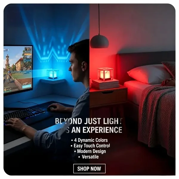 Rechargeable Pixel Beacon Night Light |   4-Color Customizable RGB Backlight & Touch Controls |   USB-C Powered Ambient Glow |   Aesthetic Gaming Desk & Modern Home Decor |   Single Unit