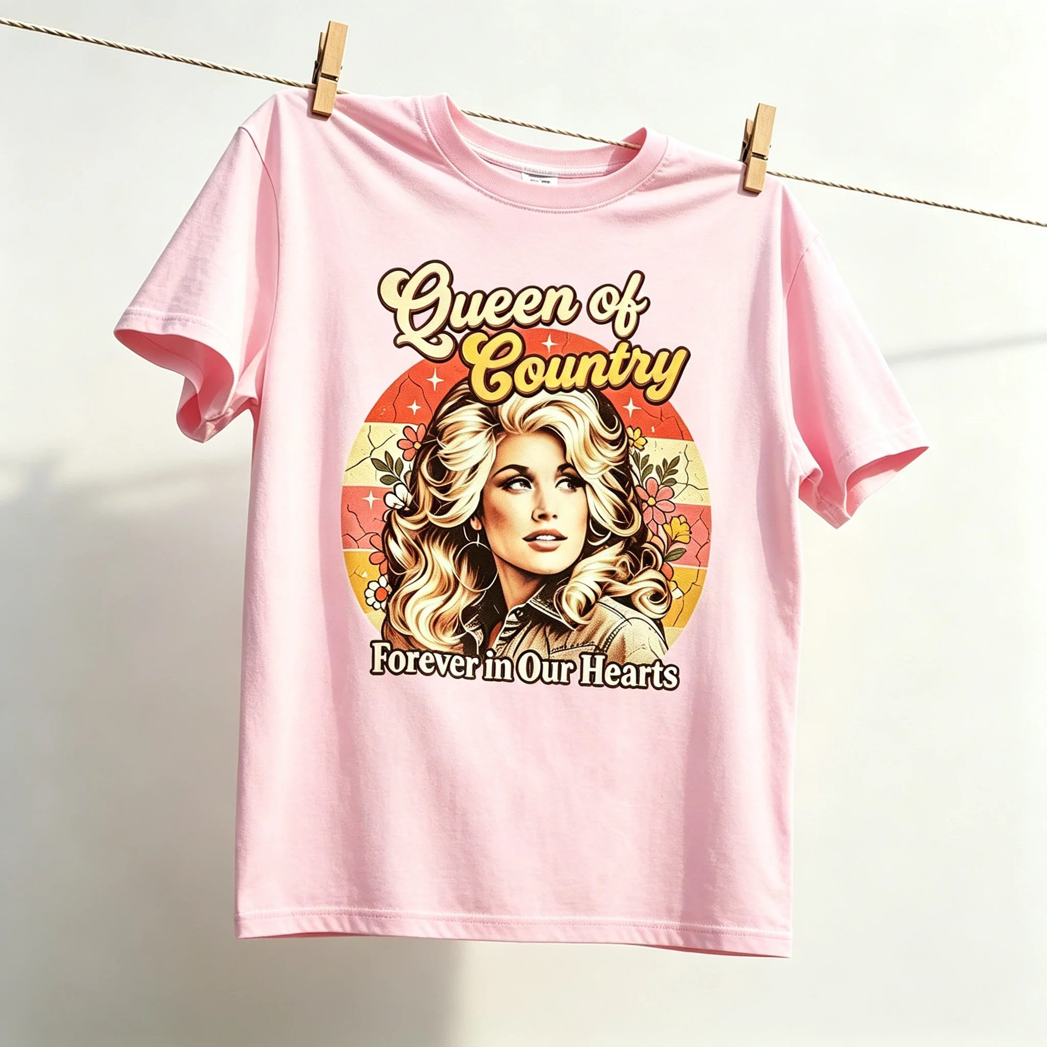 Queen Of Country Graphic T‑Shirt Vintage Dolly Retro Portrait Print Short Sleeve Tee Crew Neck Casual Country Music Summer Tops