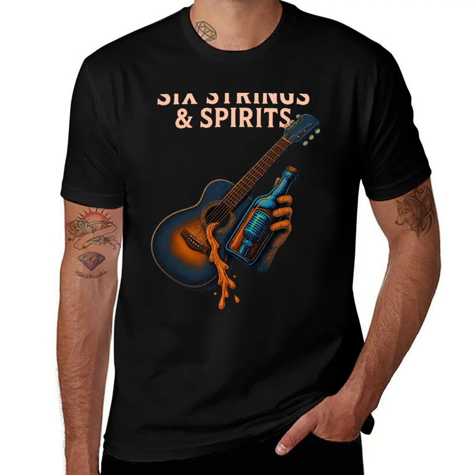 

Six Strings & Spirits – Guitar & Whiskey Vintage Artwork T-Shirt graphics blue archive shirts graphic tee Short sleeve tee men
