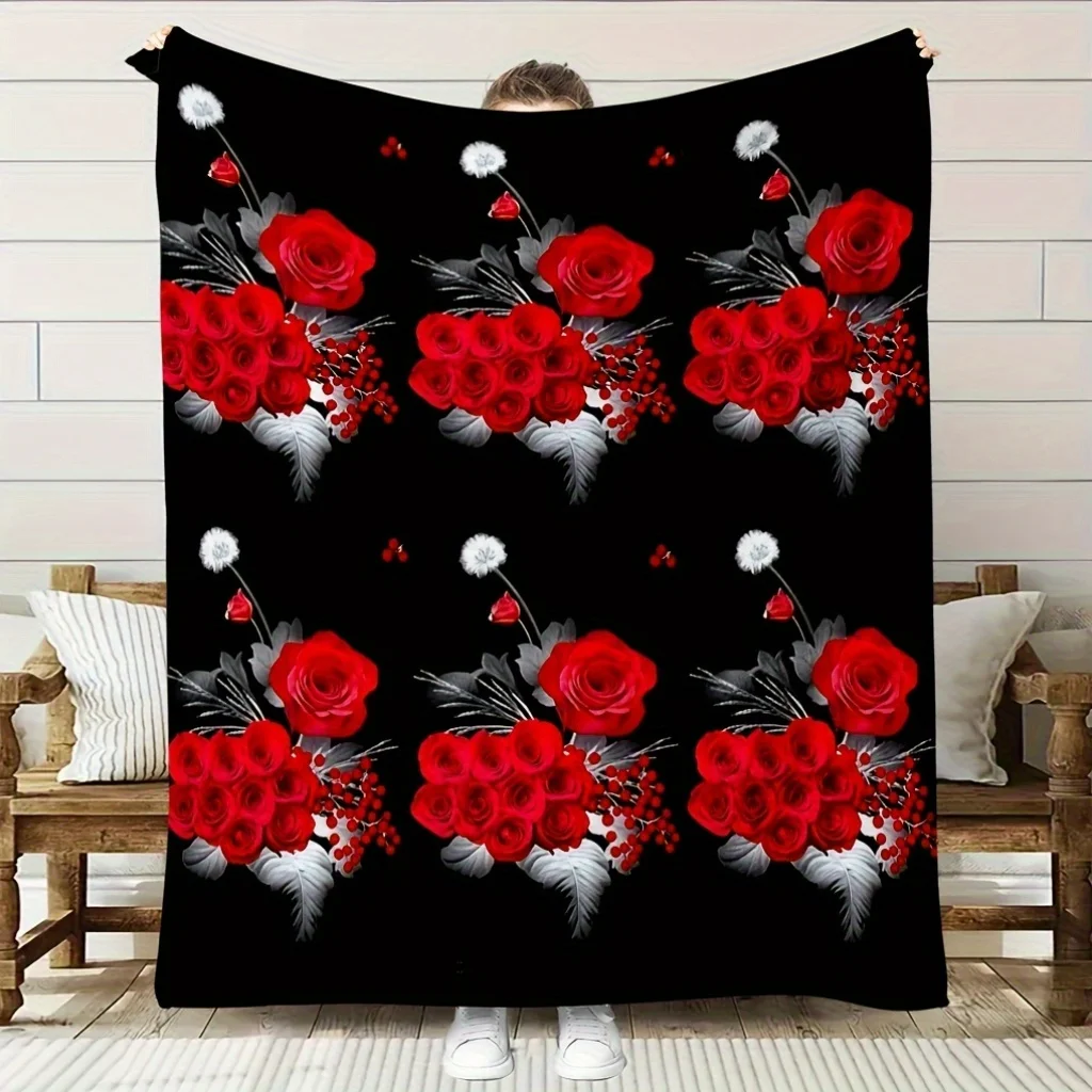 1pc Cozy Rose Bouquet Flannel Blanket - Soft 100% Polyester, Breathable & Warm, Contemporary Floral Print in Red Roses & Green L