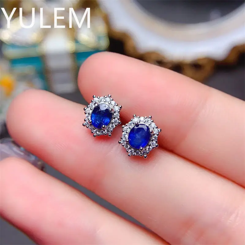 100% Genuine Sapphire Stud Earrings 4 Mm* 5mm Dark Blue Sapphire Gemstone Earrings Simple 925 Silver Sapphire Earrings for Girl