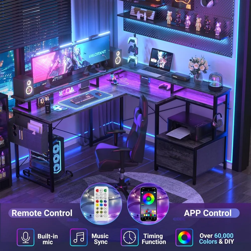 L Shaped Desk with File Drawer, Reversible L Shaped Computer Desk with Power Outlet & LED Lights