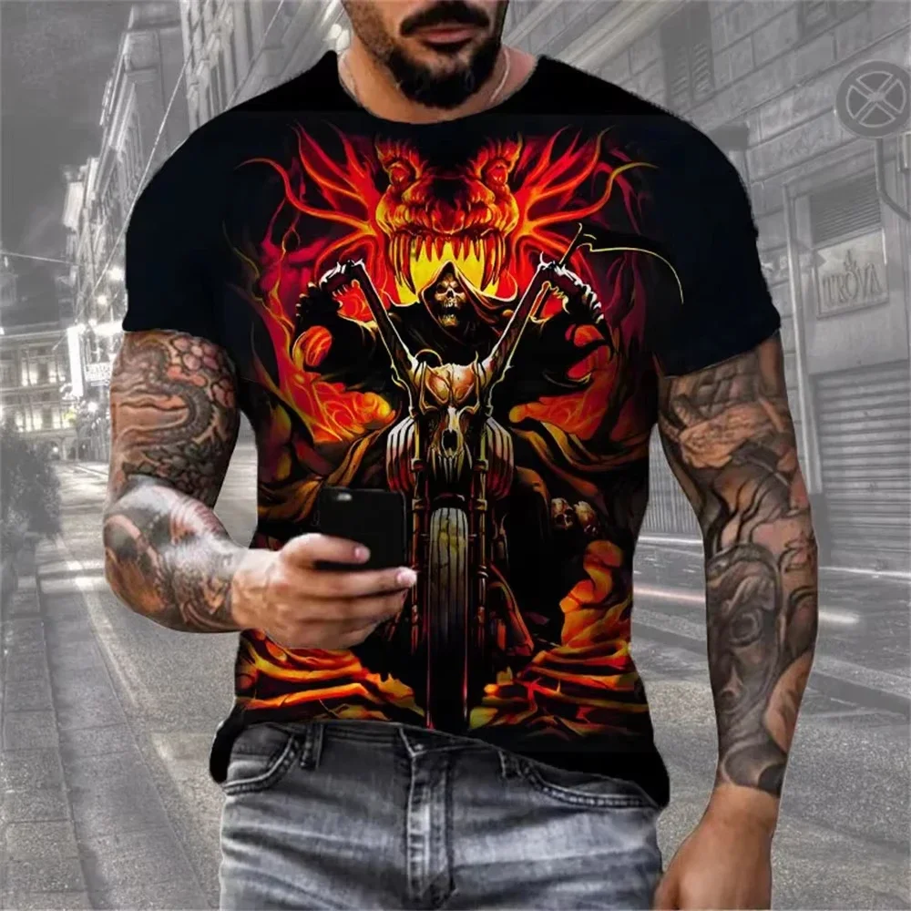 Men's T-Shirts 3D Skull Printed Black Streetwear Short Sleeve Round-Neck Horror Halloween Man Tops Loose Gothic Round-Neck Tees