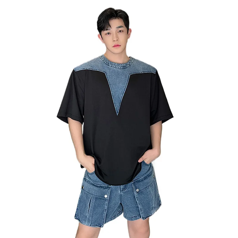 Men Summer 2 Pieces Splice Denim T-shirts Mini Shorts Suits Sets Man Korean Streetwear Vintage Short Sleeve T Shirt Jeans