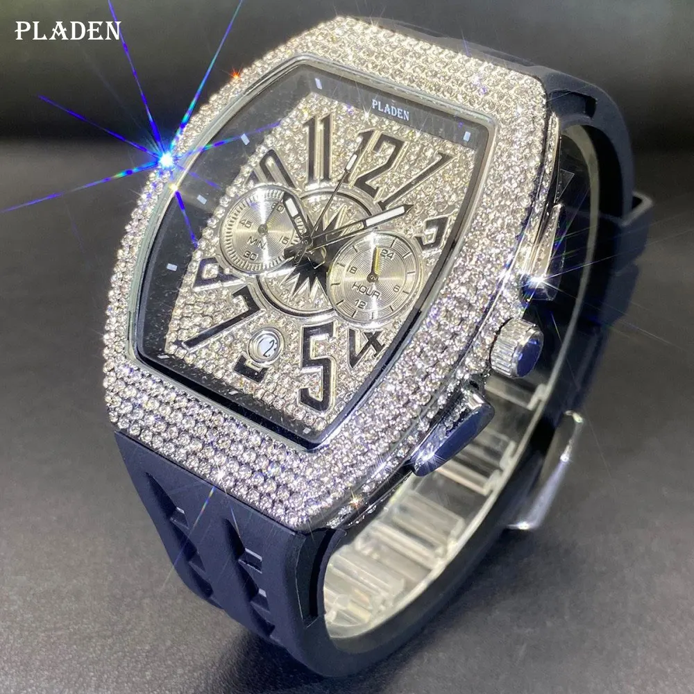 

PLADEN Iced-Out Bling Watch for Men Tonneau Case Chronograph Quartz Watch with Silicone Strap Waterproof Luminous