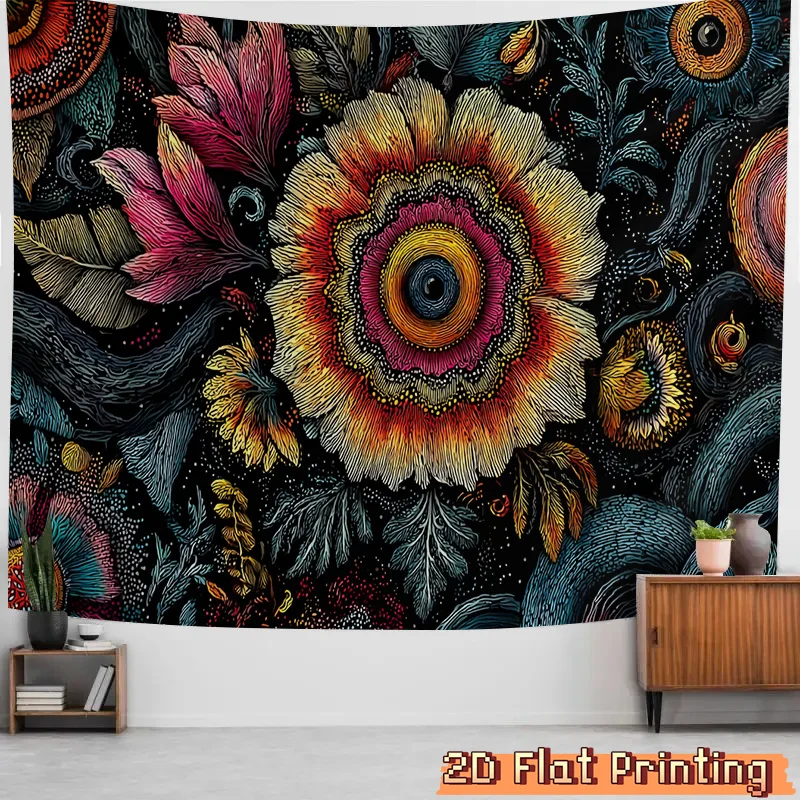 Tapiz Plano 2D, 1 Pieza Horizontal con Motivo Floral y Ojo Estrellado - Pétalos Coloridos, Hoja Enrollada y Detalles Estrellados