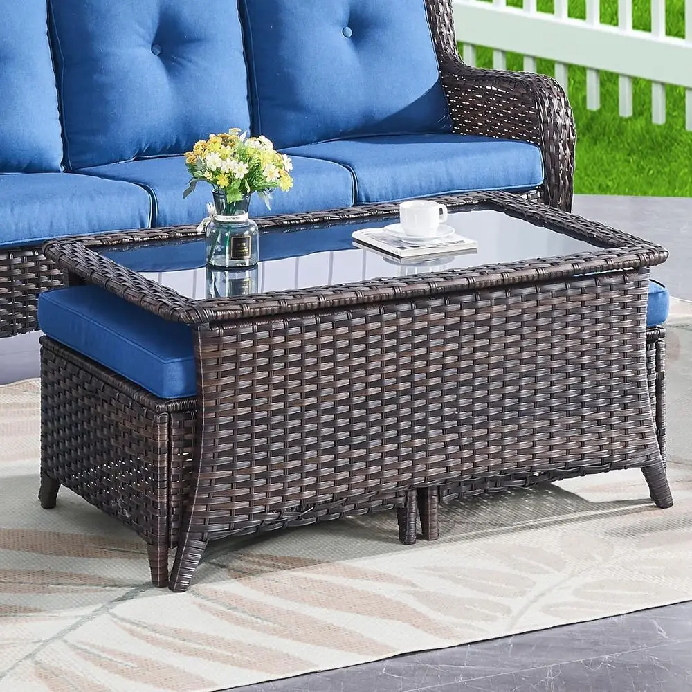 Outdoor Coee Table with Tempered Glass Top, Patio Recular Brown Wicker, Handwoven Rattan Coee Table Compatible with Patio urnitu