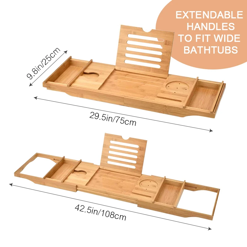 Bamboo Bathtub Caddy Tray - Adjustable Bath Tub Organizer with Wine Holder Cup Placement Soap Dish  Book Slot