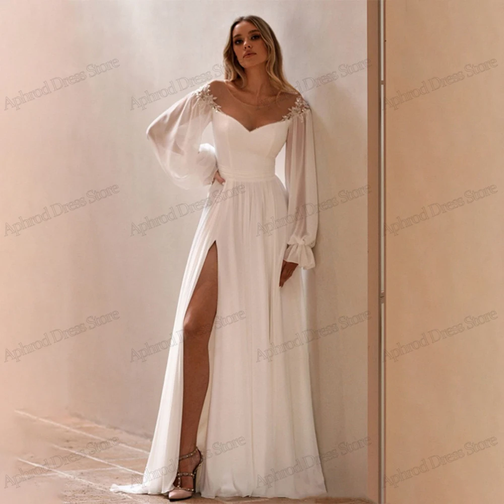 

Vintage Wedding Dresses A-Line Chiffon Bridal Gowns Long Puff Sleeves Robes For Formal Party High Slit V-Neck Vestidos De Novia