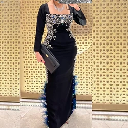 Customized Jiayigong  Jersey Beading Feather  Sheath Square Neck Bespoke Occasion Gown Long Dresses