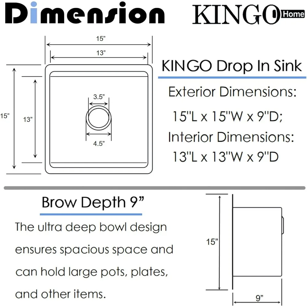 Fregadero de barra bajo montaje de acero inoxidable de 15x15 pulgadas, estación de trabajo de fregadero de preparación pequeña para cocina y RV, diseño de caída de calibre 16