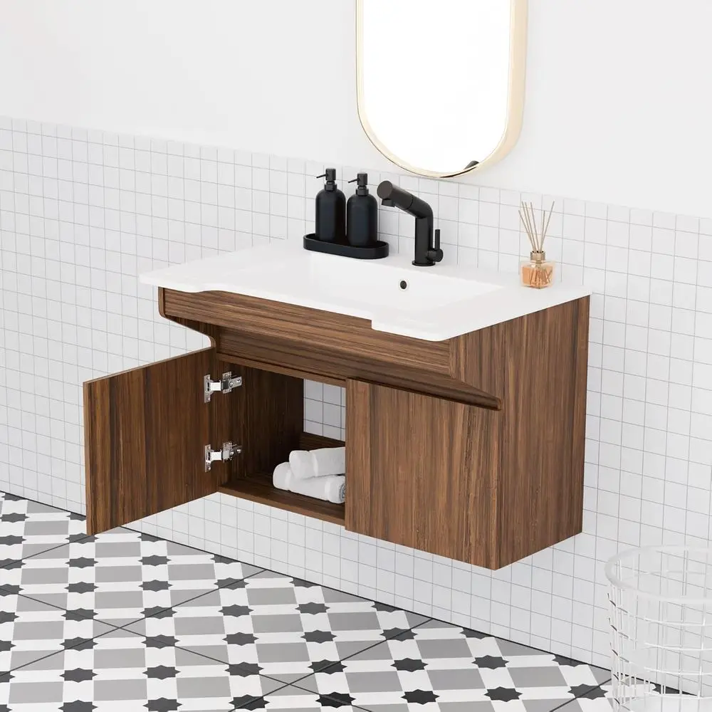 خزانة عائمة من الراتنج الحجري المتوافق مع ADA مع خزانة عائمة، ودعم يدوي حديث لكبار السن والمعاقين وكبار السن