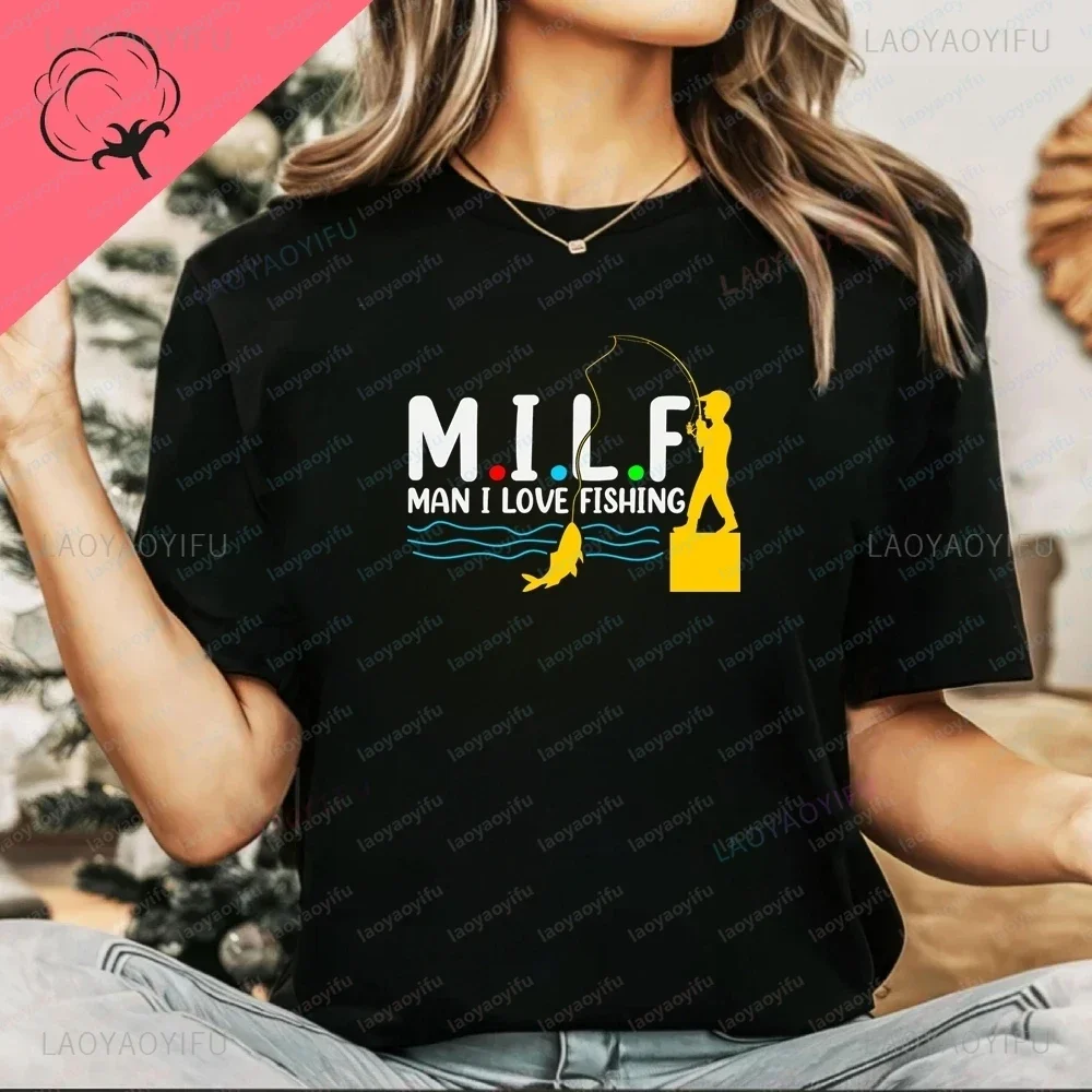 Retro MILF MAN I LOVE FISHING Vintage Man Design Men's and Women's Universal Shirt Cotton Printed Replica Style T-Shirt