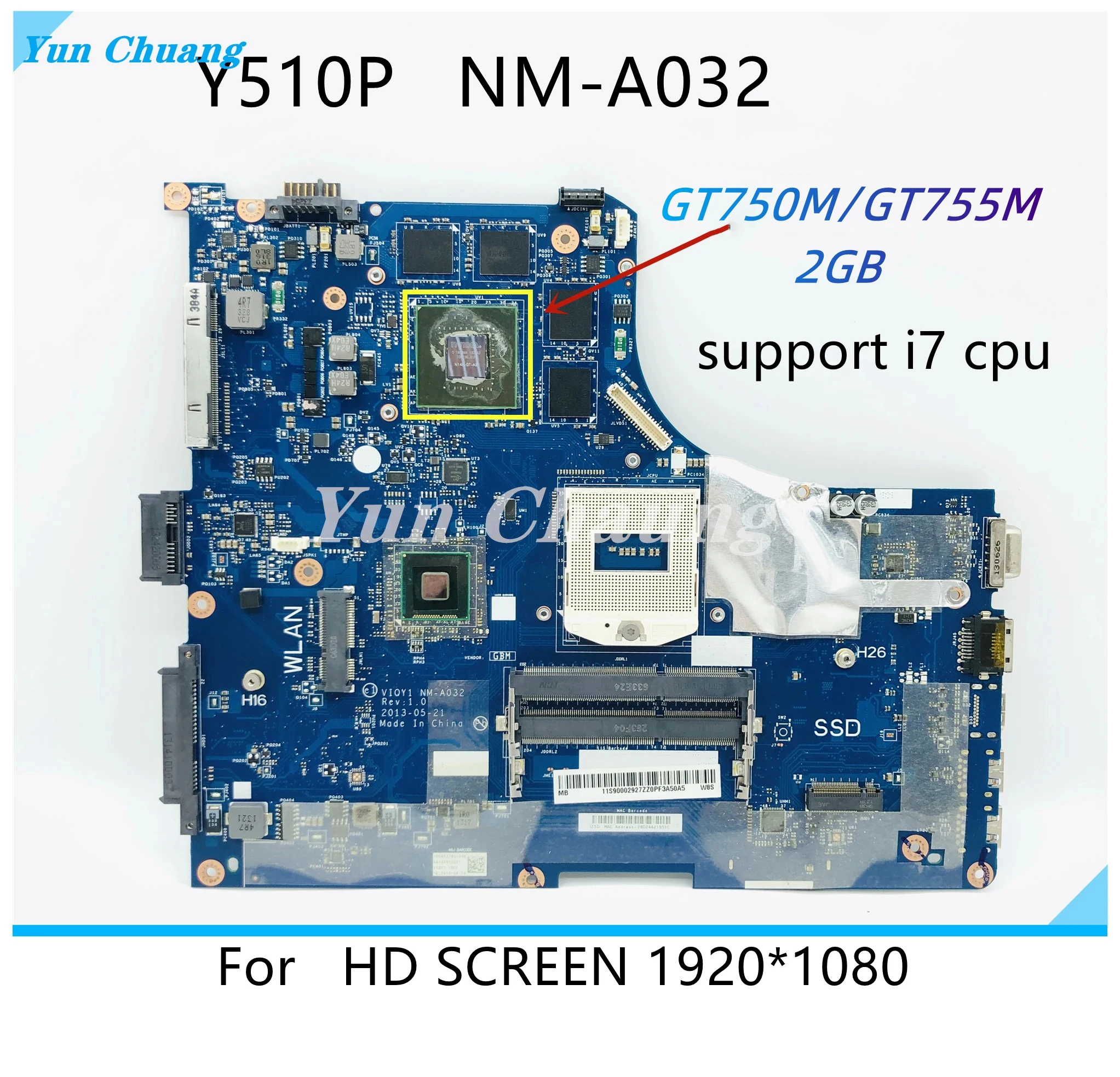 VIQY1 NM-A032 For Lenovo ideapad Y510P Laptop Motherboard GT750M/GT755M 2GB GPU DDR3 1920*1080 Support i7 Mainboard 100% Work