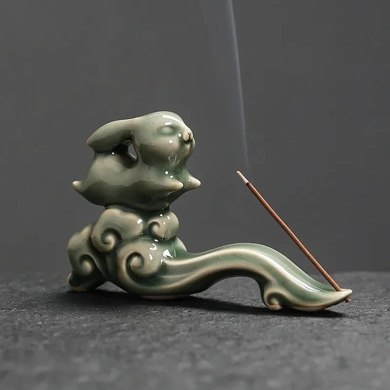1pc Celadon Jade Rabbit Incense Holder on Auspicious Clouds Perfect for Sandalwood Sticks Elegant Home Decor (Without Incense)