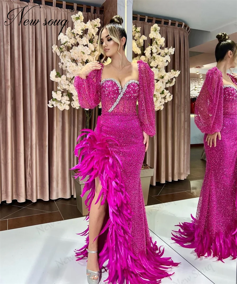 Vestido De noche fucsia con cuentas para mujer, traje Formal De manga larga, elegante, árabe, para fiesta De boda, 2024