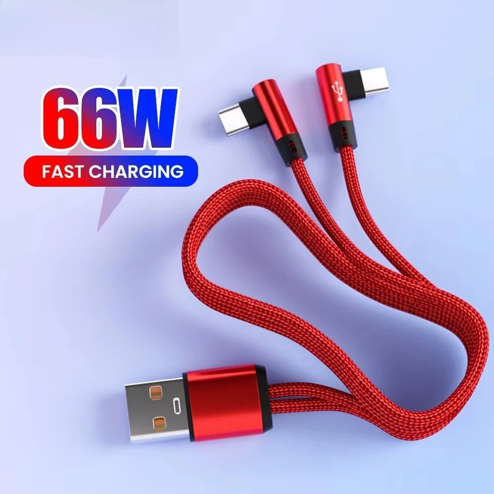 66W 2-in-1 USB-C-Ladekabel mit Winkelstecker, USB auf Dual-Typ-C, schnelles Ladekabel für iPhone 16, 17, Samsung, Xiaomi