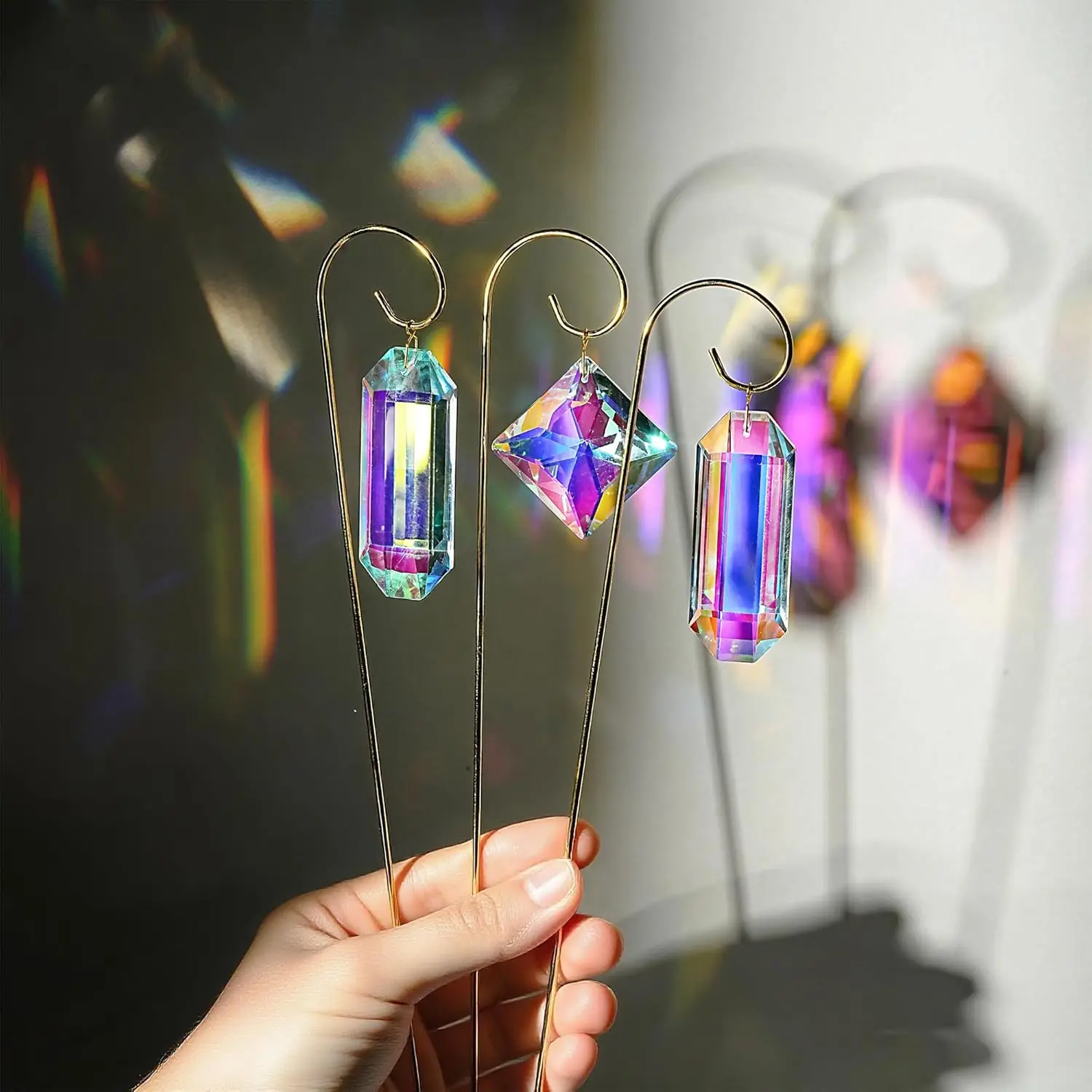 7 Pack AB Colored Crystal Suncatcher Small Trellis Golden Plant Stake Indoor Decorative Potted Plants Support