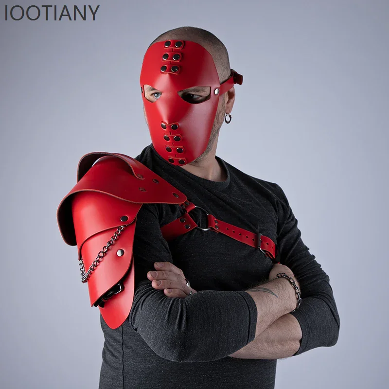 Party Coplay Hood Mask Stage Performance Carnival Halloween Festival Headpiece Black Leather Full Face Red Accessory Prop 3