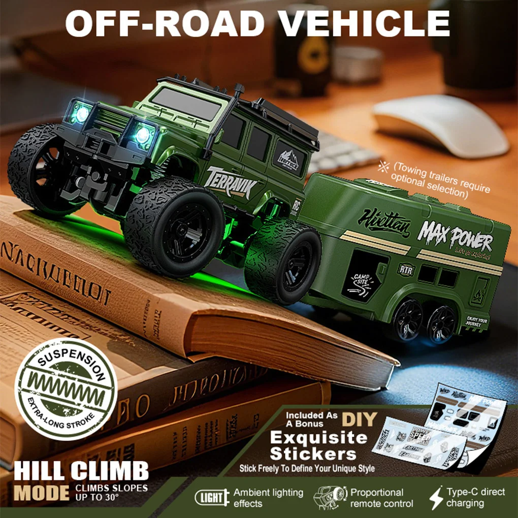 

Миниатюрная радиоуправляемая машинка-внедорожник 1:64 с прицепом, полномасштабная модель, игрушка для детей, подарок на Рождество и День рождения