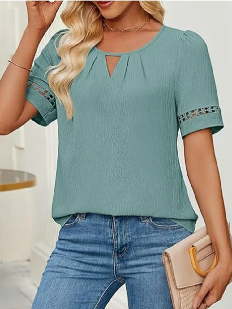 Summer New Round Neck Lace Up Short Sleeve Solid Color Hollow Women T-shirt Street Versatile Elegant Commuter Female Top