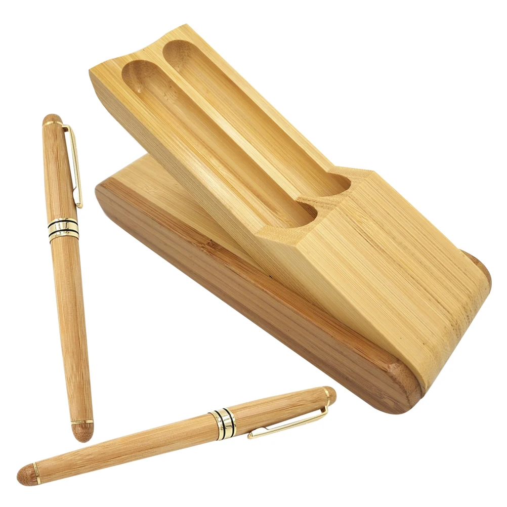 

Bamboo Pen Set 2 Pens Folding Case Reusable Fountain Calligraphy Smooth Writing Office School Portable Ink Style Brown