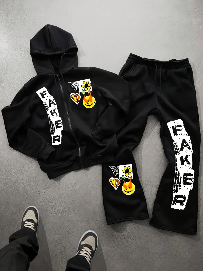 

Мужской повседневный костюм с принтом, длинными рукавами и брюками, повседневный наряд, свободная посадка, модная мода, широкий дизайн в стиле хип-хоп с принтом