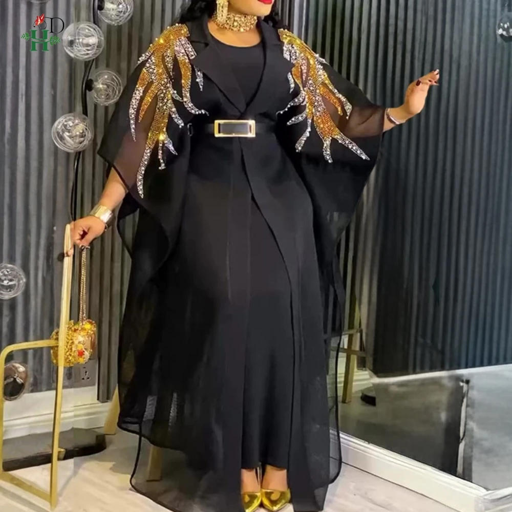 فستان أفريقي H&D للنساء مقاس كبير فستان تركيا فستان قفطان بياقة شال مع زخارف ترتر ذهبي فستان حفلات الزفاف #3