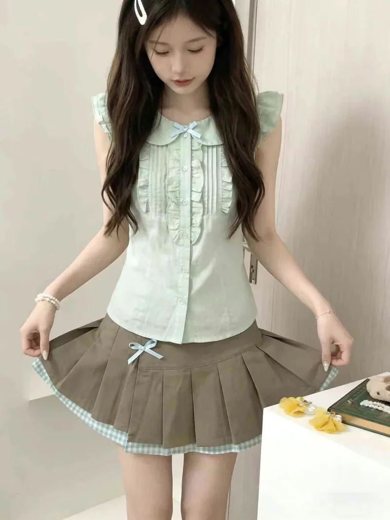 Retro and Fresh Skirt Sets Light Green Sweet Doll Collar Flying Sleeve Shirt+pleated Skirt Two Piece Set Mori Girl Style Clothes