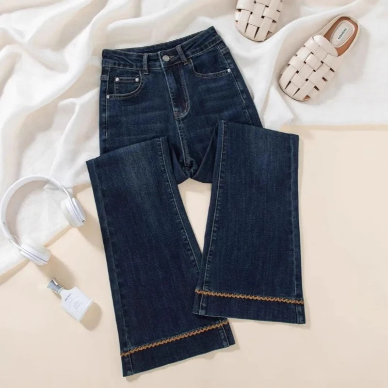 

Женские винтажные универсальные джинсы, осень 2023, новые модные классические джинсовые брюки, расклешенные джинсы с высокой талией и вышивкой