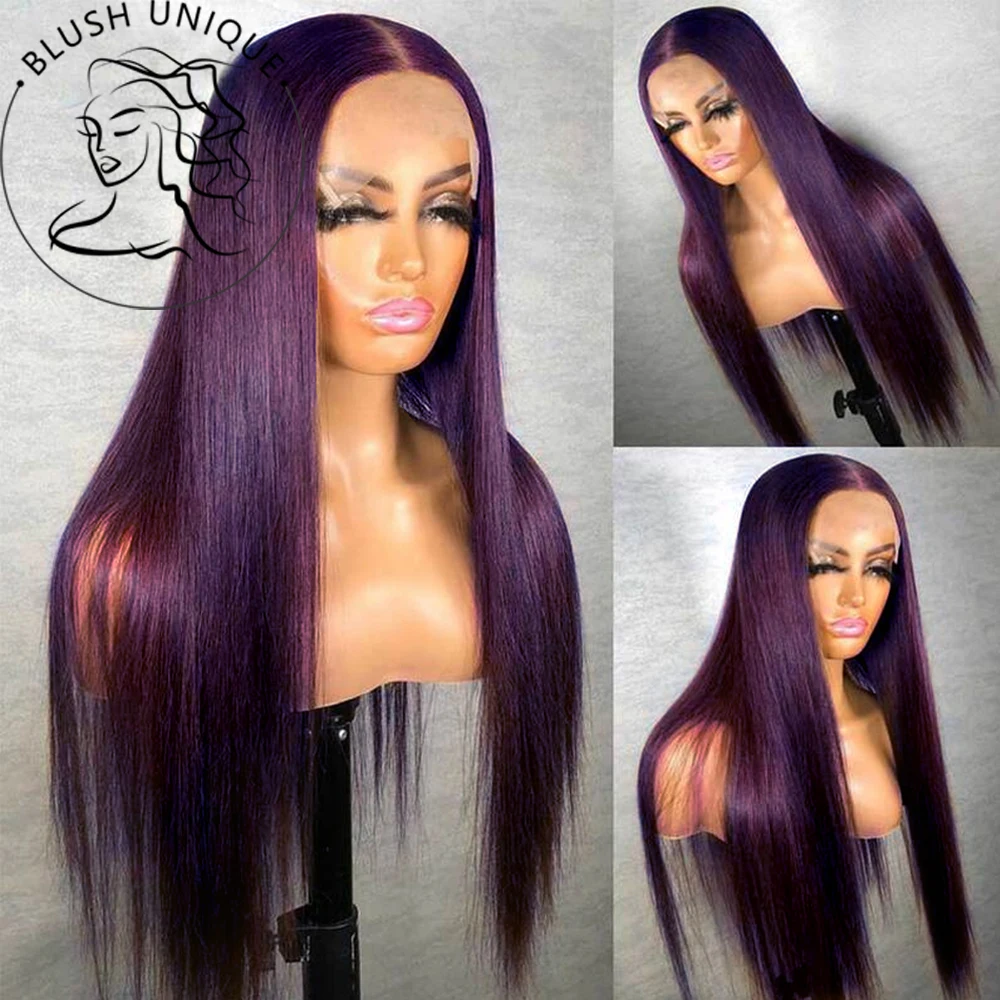 Deep Purple Straight Lace Front Wigs Dark Burgundy HD Transparent Lace Wigs Synthetic Glueless Pre Plucked with Baby Hair Wigs