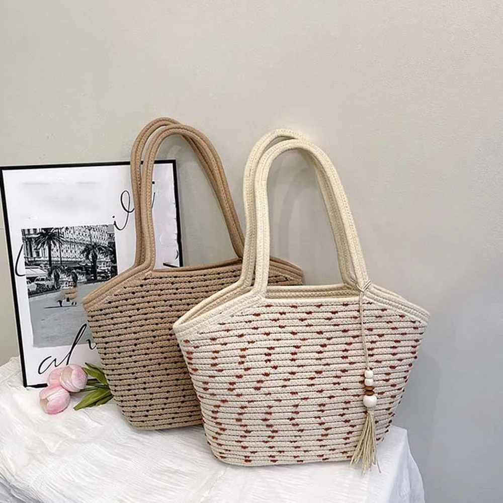 

Shoulder Bag Sweet Woven Tote Bag Tassels Pendant Large Capacity Straw Handbag Polyester Khaki Summer Beach Bag School