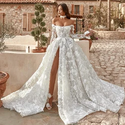 Eightree Elegant A-Line Wedding Dresses 3D Flower Long Sleeve Split Bridal Dress Princess Wedding Ball Prom Gowns Customized