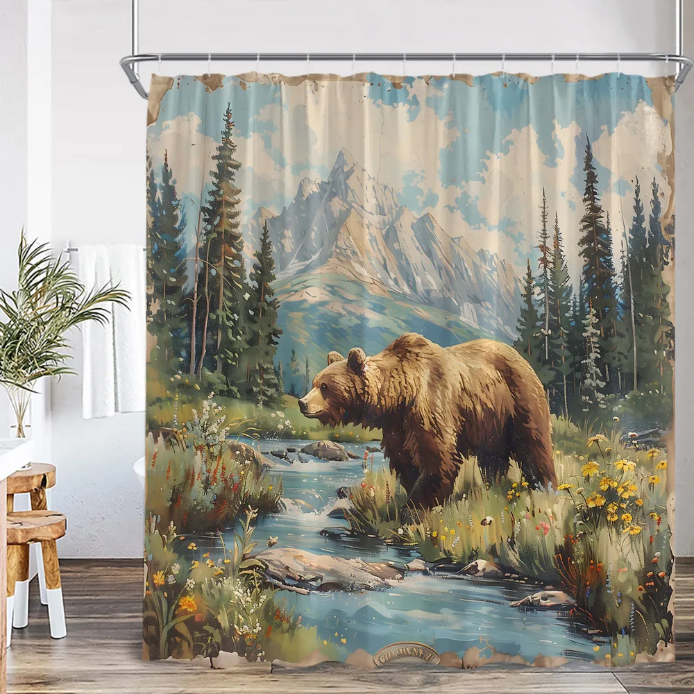 Brown Bear Animal Print Shower Curtain Forest Scenery Snow Mountain Stream Natural Landscape Polyester Bath Curtain with Hook