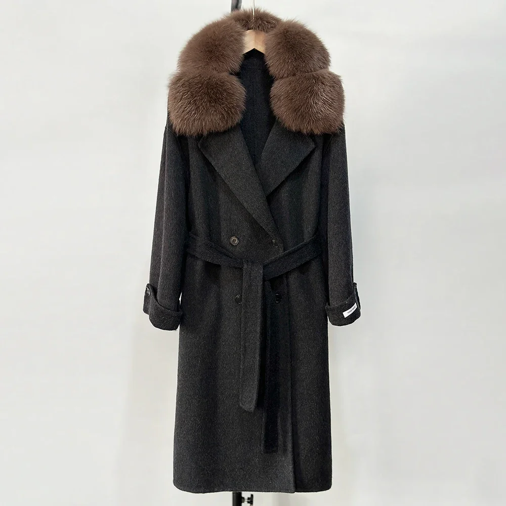 

Элегантная шерстяная куртка из натурального натурального лисьего меха, свободная женская новая осенне-весенняя кашемировая длинная шерстяная куртка, верхняя одежда, меховая куртка