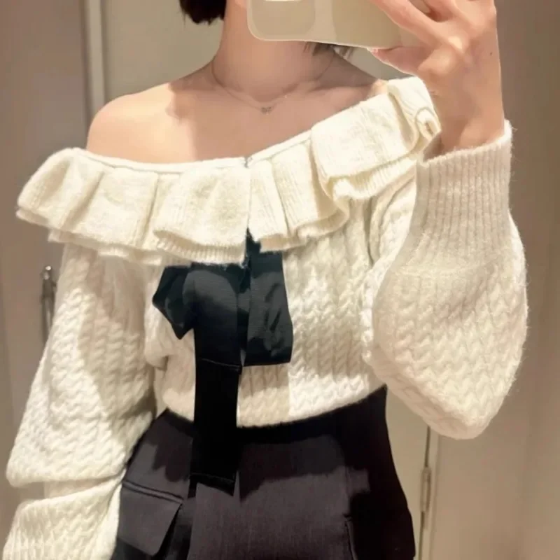 Off Shoulder 2024 Woman Sweater Bow Ruffles Ropa Mujer Japan Knit Outerwears Fall Clothes Women Twist Long Sleeve Pullovers