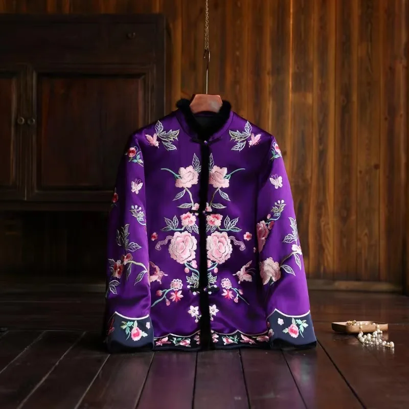 High-end Winter Women Coat Retro Embroidery Elegant Lady Chinese New Year Acetate Jacket Female S-XXL