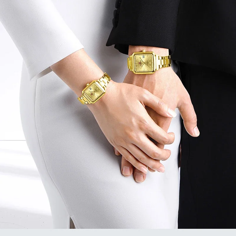 NAVIFORCE Original Luxury Couple Watch Quartz Stainless Steel Square 3ATM Waterproof Date Display Casual Watches For Women Men