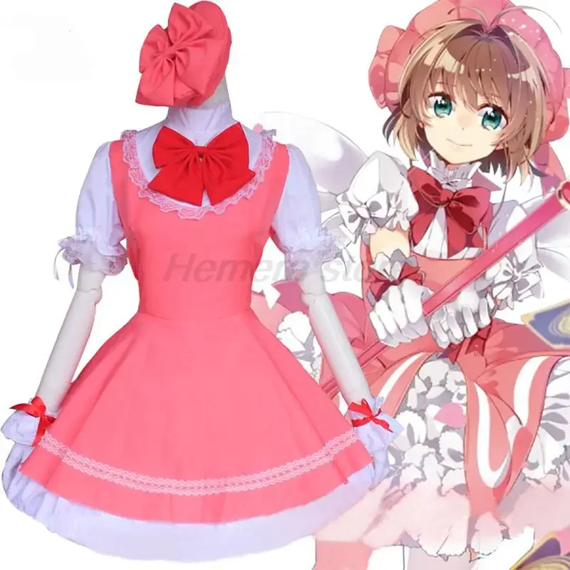 Anime girls pink carcaptor Sakura princess dress cosplay costume lolita dress for kid card combat uniform apron dress with hat