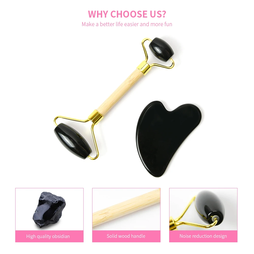 Natural Obsidian Face Massage Roller Guasha Scraper Black Jade Roller Gua Sha Tools Set for Wrinkles Anti Aging Facial Roller