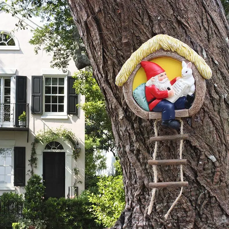 Gnome Bunny Tree Decor Żywiczna dekoracja montowana na drzewie Figurka gnoma Miniaturowa figurka na zewnątrz Kapryśna rzeźba na wiosnę