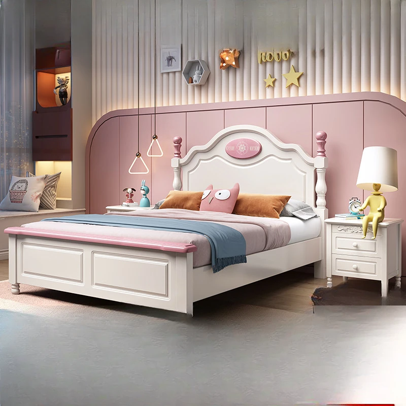 

Solid wood bed, bedroom, pink princess bed, 1.35-meter modern and minimalist American small unit bed