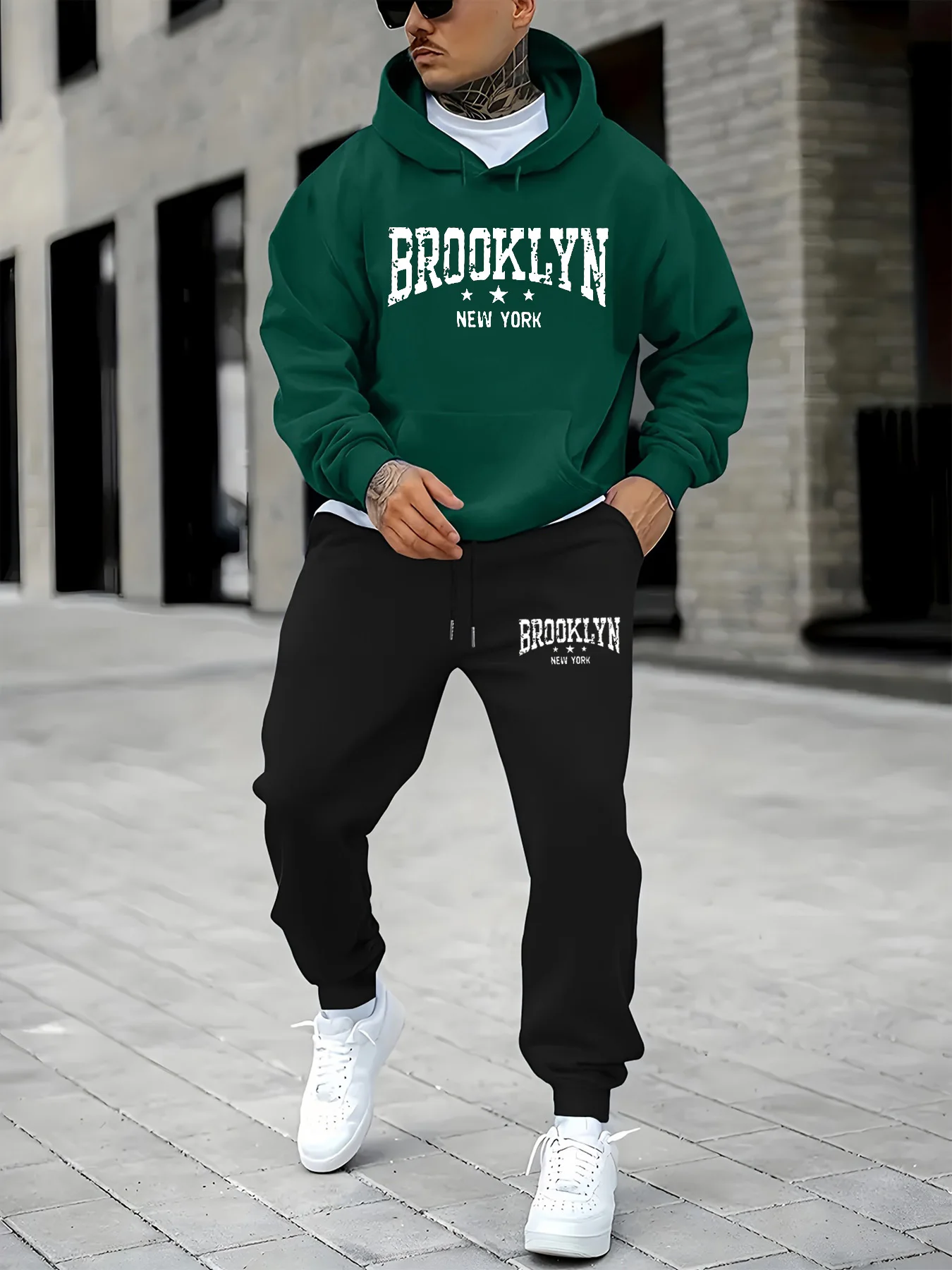Heren Brooklyn New York bedrukt herfst/winter casual mode losse pluche dikke capuchon + joggingbroek set