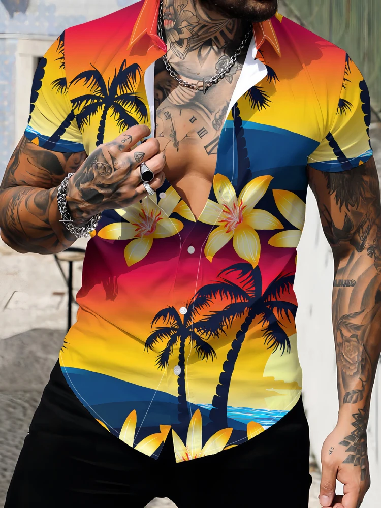 Hawaiian Sunset Coconut Tree 3D Digital Print Shirt Summer Fashion Casual Beach Short -sleeved Shirt Men's Harajuku Style Shirt