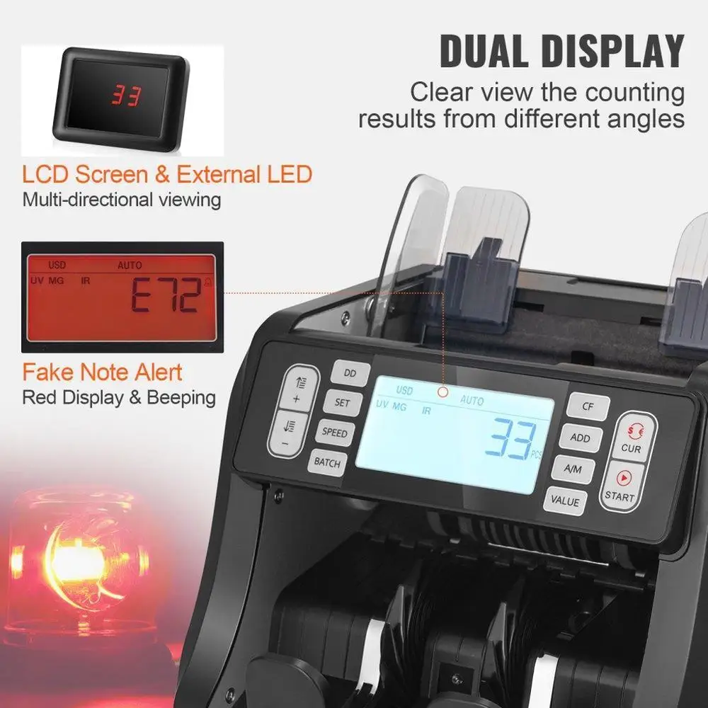 Money Counting Machine with UV MG IR DD Counterfeit Detection for USD EUR Features Add Batch Modes Large LCD External Display