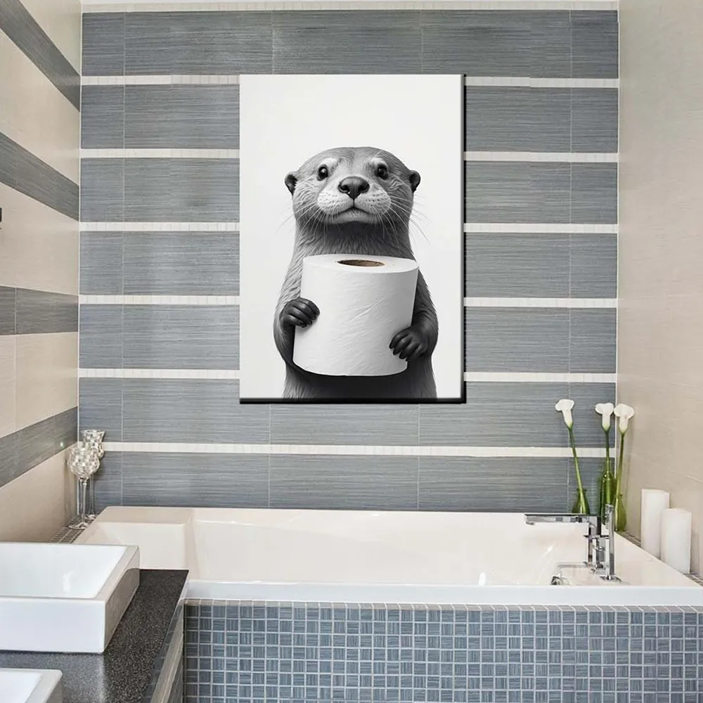 Funny Animal Bathroom Canvas Art Poster White and Black Otter Print Wall Painting Picture for Toilet Bathroom Decor Aesthetics