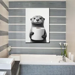 Funny Animal Bathroom Canvas Art Poster White and Black Otter Print Wall Painting Picture for Toilet Bathroom Decor Aesthetics