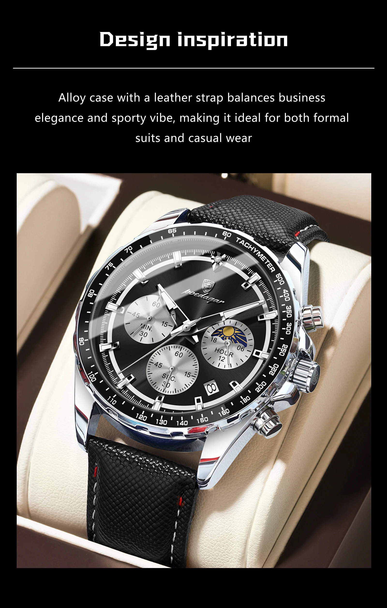 POEDAGAR Top Original Herrenuhren Leuchtend Wasserdicht Modische Männeruhr Leder Chronograph Datum Quarz Sport Herren Armbanduhr – Detail 3