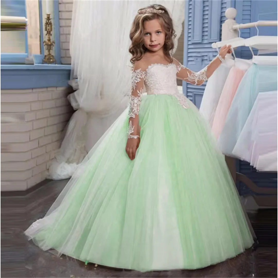 Maßgeschneiderte Blumenmädchenkleider Hellrosa Tüll Weiß Applikationen Langarm für Hochzeit Geburtstag Party Heilige Kommunion Kleid