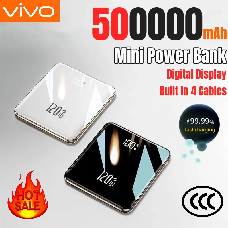 Мини-банк питания VIVO 500000 мАч, большая емкость, сверхбыстрая зарядка, внешний аккумулятор, встроенный 4 кабеля для IPhone, Samsung, Xiaomi